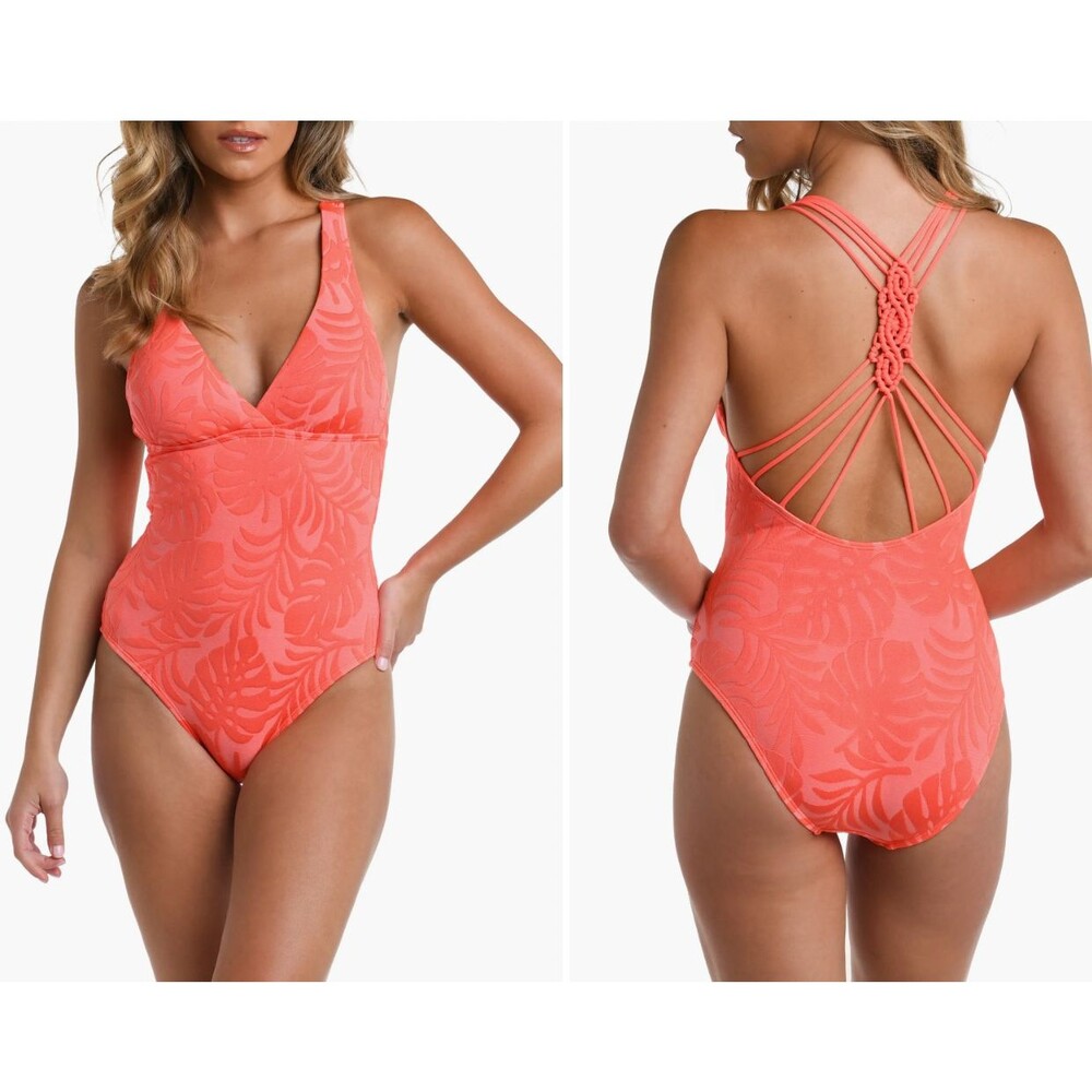 La Blanca Island Palm One-Piece Swimsuit, bright, coral size 12
